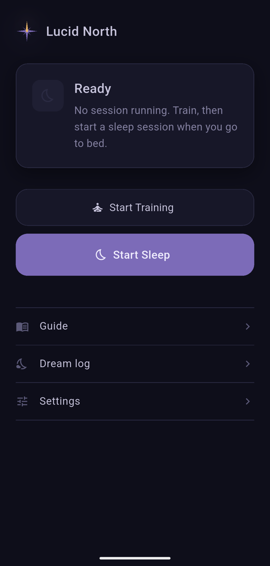 Lucid North — home screen: start training, then start a sleep session