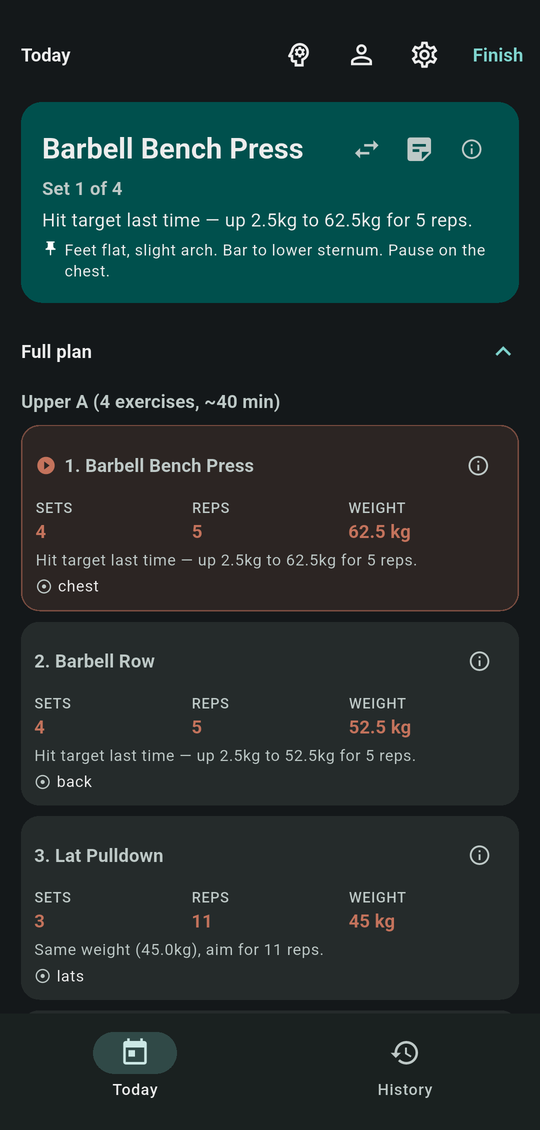 True North — a session with each weight shown next to the reason it changed