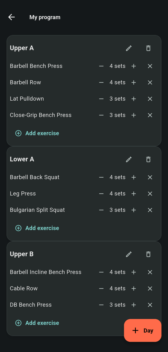 True North — your own program: days like Upper A and Lower A, each with its exercises and set counts